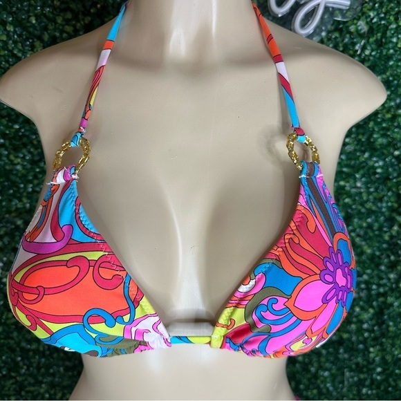 TRINA TURK Bright Floral Triangle Halter Gold Ring Bikini Top and Bottom Size 8 - Picture 2 of 16